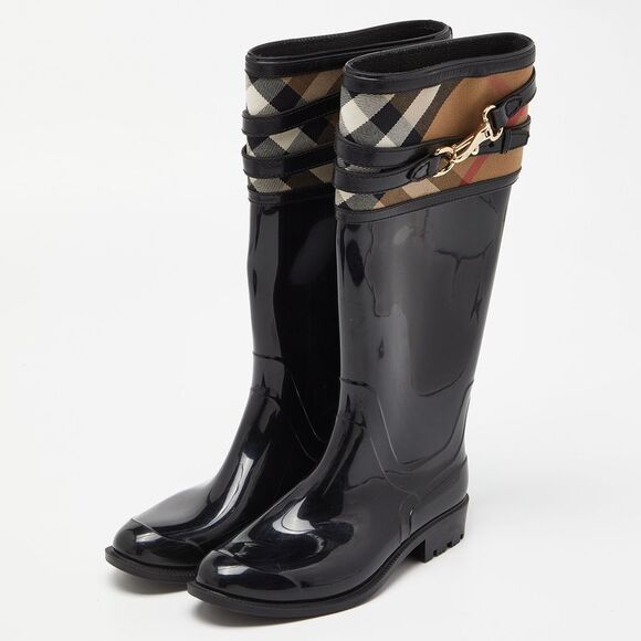 Burberry Black/Beige Patent Leather and House Check Canvas Knee Length Boots - Picture 2 of 4